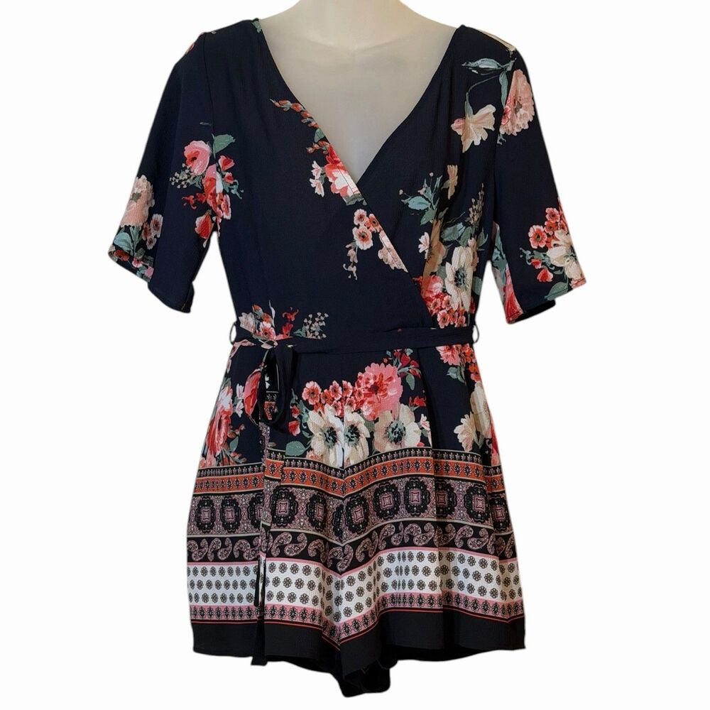 Three Pink Hearts Floral Romper Small Boho Belted Black NWOT Festival Summer